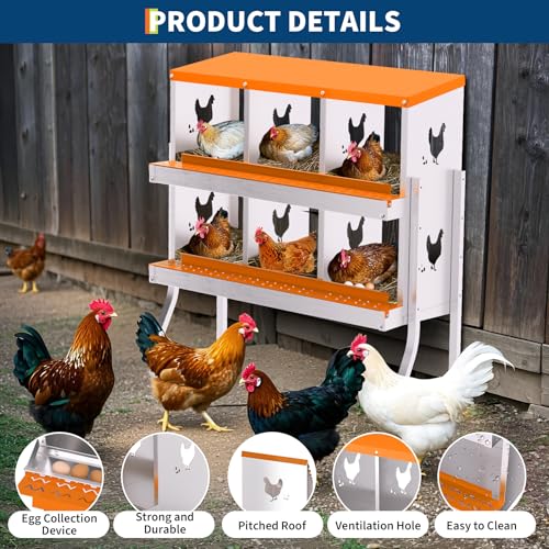 Chicken Nesting Box, 6 Compartment Galvanized Steel Chicken Laying Boxes, Heavy Duty Rustproof Chicken Coop with Easy Egg Collection for Backyard Farms - with Bracket Legs, Orange