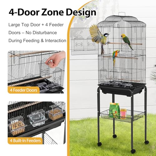 Extra Large 60'' Multi-Level Metal Bird Cage – Detachable Rolling Stand, Storage Shelf, 4 Access Doors, Removable Tray, Perches, Food Bowls – Spacious Flight Cage for Parrots, Parakeets,