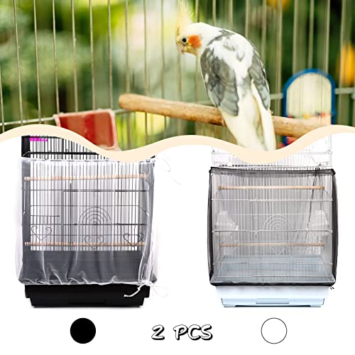 Daoeny 2Pcs Bird Cage Cover, Adjustable Soft Airy Nylon Mesh Parrot Net, Universal Feather Seed Catcher, Birdcage Cover Skirt Sheer Guard for Round Square Bird Cages (White +Black) - color: Black & White, size: 78.7 x 15.7 inch