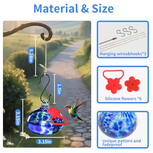 Pozfun Set of 3 Hummingbird Feeders for Outdoors Hanging,Hand-Blown Glass Hummingbird Feeder with Silicone Feeding Perch,Never Leak,Gardening Gifts for Woman Man - color: Dark Blue