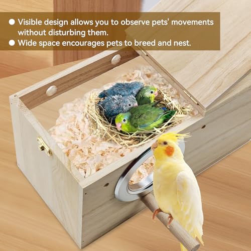 Natural Wood Bird Nesting Box,Acrylic Parakeet Nesting Box Transparent Cockatiel Nest House with Perch Wooden Parrot Nest for Lovebird Budgie Conure Canary Finch(Medium) - size: Medium