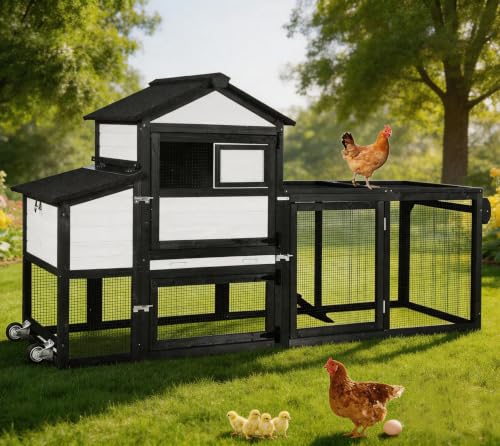 Aivituvin Mobile Chicken Coop with Wheels, 82.4" for 4-6 Hens(Black) | 2 large nesting boxes with reinforced bottom keep eggs safe from raccoons and dogs Leak-resistant asphalt roof - color: Black, size: 82.4"L x 26.0"W x 44.0"H