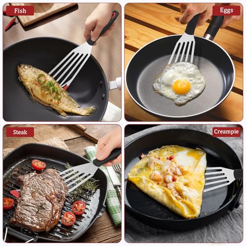 2 Pcs Silicone Fish Spatula Heat Resistant Silicone Edge for Nonstick Cookware Fish Turner for Use Flexible and Thin Stainless Steel Cooking utensil Ideal Slotted Spatula for Egg Pancake