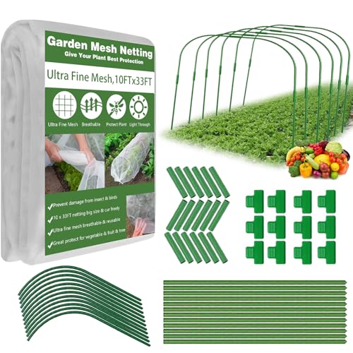 Garden Mesh Netting Kit, 10x33FT Ultra Fine Mesh Netting with 6 Sets Fiberglass Garden Hoops & 12 Clips for Tree Fruit Barrier Vegetable Fruits Flowers Shrubs Plant Covers Net