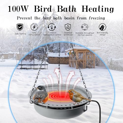 Adnee 1 Set 100W Thermostatical Hanging Heated Birdbath for Winter Outdoor | Winter Heated Bird Bath with Power Cord and Hanging Chain, Hanging Garden Bird Bath for Outside Patio Yard Decor