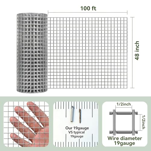 Amagabeli Hardware Cloth 1/2 inch 48 x 100 ft 19 Gauge Chicken Wire Fence Hot-Dipped Galvanized After Welding Welded Wire Fencing Mesh Roll Plant Support Gopher Snake Rodent Rabbit Poultry Netting - size: 1/2" 48"x100'