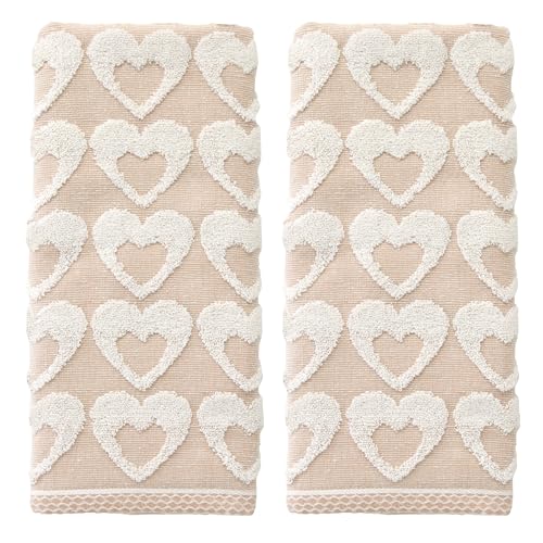 SKL Home Valentine's Day Hearts Jacquard 100% Cotton Reversible 2pc Hand Towel Set, Decorative for Bath/Kitchen/Bar & Gift, Tan - color: Hearts Jacquard, Tan