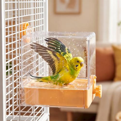 Bird Bath for Cage, 6.5 x 6.5 x 7.5 Inch, Clear Parrot Parakeet Bird Bath | For Small to Medium Birds Cockatiels, Budgie, Quaker, Conure, Lovebirds, Finches, Bird Feeder Scoop Included