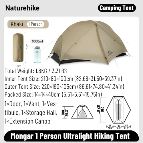 Naturehike Mongar 2 Person UL Camping Tent | PU2000mm+ Waterproof 1-2 Person Backpacking Tent, Ventilation System, Multi-Mode Double-Layer Freestanding for Hiking Travel - color: Khaki, size: 1 person