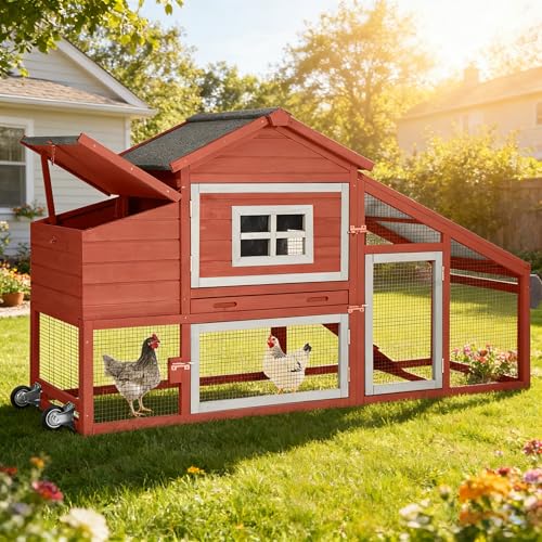 Aivituvin Chicken Coop Expandable Mobile Chicken House for Outdoor with Wheels, Nesting Box, Leakproof Pull-on Tray and UV-Resistant Roof Panel (Red, AIR23) - color: Red, size: 67.3"L x 26.0"W x 39.4"H