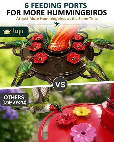 LUJII Smart Hummingbird Feeder with Camera for Outdoor Hanging, Hand Blown Glass, Solar WiFi Feeder with Live View App, 6 Feeding Ports, Leak-Resistant Design, Ant Moat & Gift Box, 28 fl oz, Ribbion - color: Ribbon, size: Large