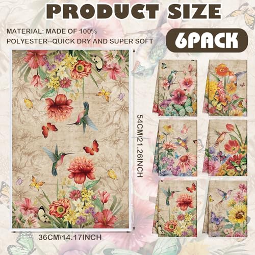 Patelai 6 Pcs Vintage Flowers Kitchen Towels Butterfly Hummingbirds Spring Dish Hand Towels Summer Bird Absorbent Washcloth for Farmhouse Rustic Kitchen Cooking Home Housewarming Gifts 21.26 x 14.17'' - color: Bright Color, style: Hummingbird