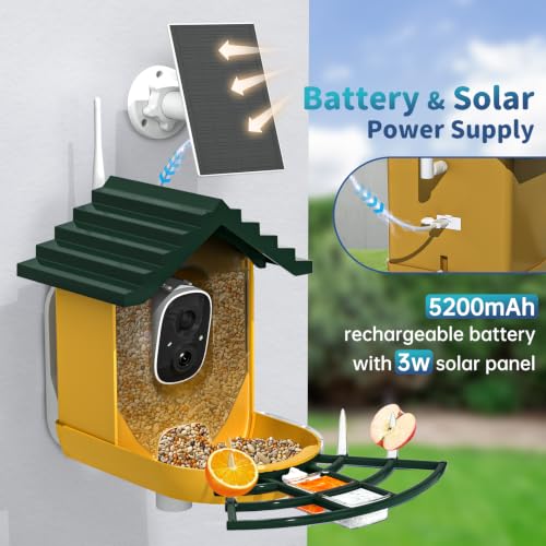Smart Bird Feeder with Camera Solar Powered & AI Bi rd Identification, 2.4Ghz WiFi Bird feeders for Outdoors, 2K Live Video, Instant Arrival Alerts-Green-Yellow - color: Green-Yellow