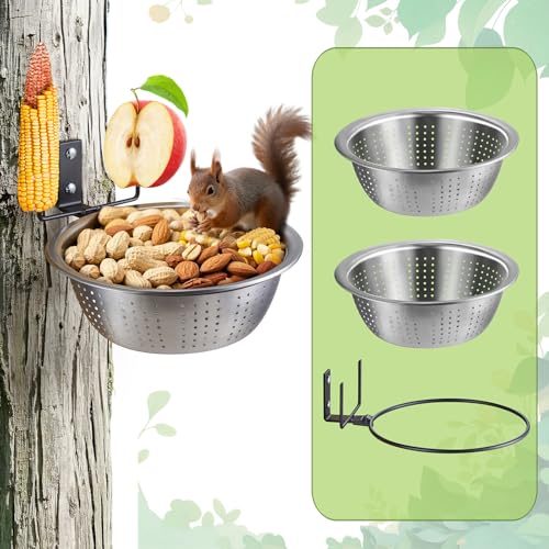 Squirrel Feeder - 1 Metal Stand + 2 Colander Bowls (8.5"/1.4L) for Replacement, 2 Corn Cob Spikes for Multi-Food, Metal Squirrel Feeders for Outside, Removable Bowl Nice to Clean/Refill - size: 1 Stand 2 Bowls