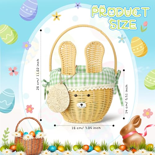 DoubleFill 1pcs Wicker Easter Basket Wicker Picnic Basket with Tag Empty Rattan Bunny Basket with Handles & Liner Willow Hamper Basket for Eggs & Candy Storage Fruit(Green Plaid) - color: Green Plaid