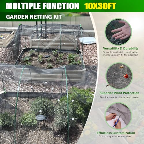 Garden Mesh Netting Kit, 10x30FT Black Ultra Fine Netting & 6 Sets 8FT Fiberglass Garden Hoops, Garden Netting with Frame for Raised Beds, Garden Hoops and Netting for Row Cover, Plant Insect Barrier - color: Black