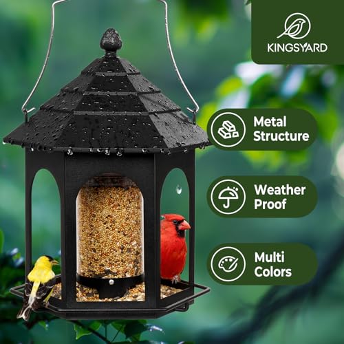 Kingsyard Metal Bird Feeder for Outdoors Hanging, 3 lbs Seed Feeder, Wild Bird Feeders for Garden Cardinal Finch Bluebird, Easy to Fill & Clean, Black - color: Black