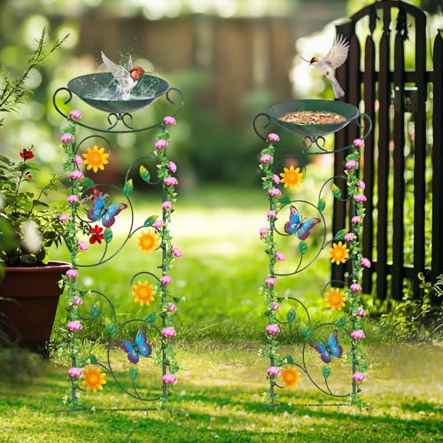 Metal Bird Bath with Trellis, 35" Outdoor Garden Birdbath with Detachable Bowl & Climbing Plant Support, Decorative Bird Feeder Station with Butterflies for Yard, Patio, Fence - color: Butterfly