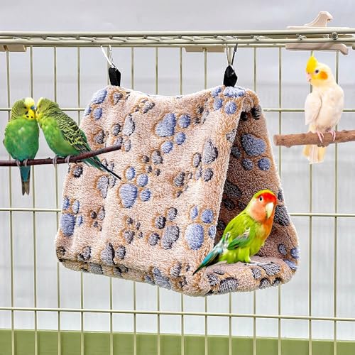 2 Pack Bird Nest Plush Snuggle Bird Hammock Hanging Bird Cave Parrot Sleeping Bed Shed Hut Hanging Tent for Budgies Finch Parakeet Cockatiel Cockatoo Lovebird-Foot Pattern (Brown&White) - color: Brown&White(Foot Print)