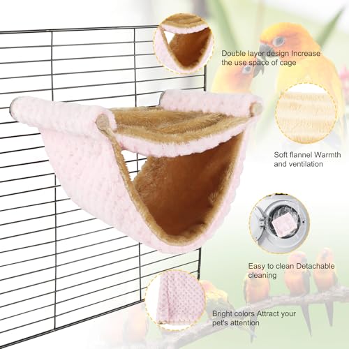 BWOGUE Bird Nest Bed Hanging Hammock, Parakeet Bed for Cage, Cockatiel Bed | Warm Fleece Snuggle Hut, Double-Layer Comfort, Wooden Perch Setup, Washable Hammock - color: Pink, size: Medium (9"x7.2")