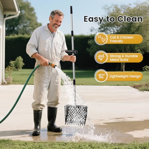 2-in-1 Chicken Poop Scooper & Rake, 38 to 66" Adjustable Stainless Steel Chicken Coop Scoop for Sand Chicken Litter Scoop with Handle Litter Sifting Shovel for Chicken Coops & Pet Waste