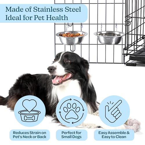 Set of 2 Stainless-Steel Dog Bowls - Cage, Kennel, and Crate Hanging Pet Bowls for Food and Water - 8oz Each and Dishwasher Safe by PETMAKER, Silver | Cage, Kennel, and Crate Hanging Pet Bowls for Food and Water, Dishwasher Safe Food and Water Pet Dishes