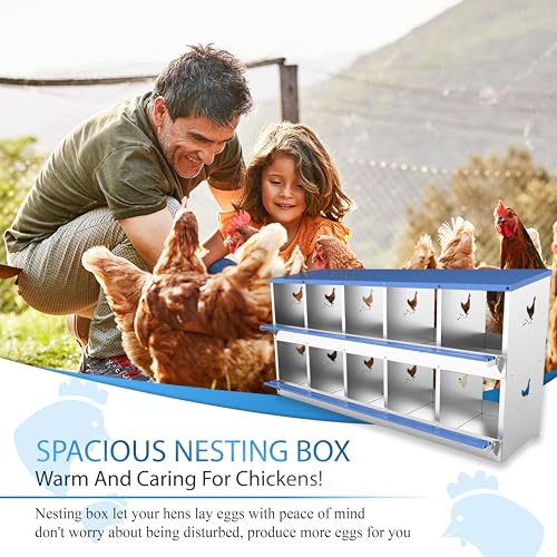 10 Compartments Chicken Nesting Box Laying Boxes for Chicken Hens Ducks Poultry Protect Eggs Chicken Coop Easy Egg Collection Wall Mount Metal Nest Box for Chicken Coop - size: 10 Compartments