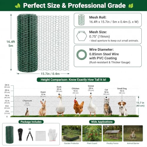 Plant Protectors from Animals, 0.85mm Free-Cut Green Chicken Wire Mesh, PVC Coated Tree Trunk Guard & Garden Fence for Outdoor Plants with Zip Ties, Stakes, Pliers, Gloves (49.2Ft*16In(16x 590 Inch)) - size: 49.2Ft*16In(16x 590 Inch)