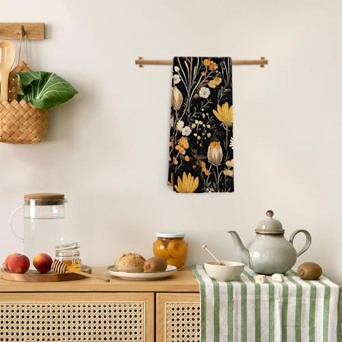 Dark Cottagecore Floral Kitchen Towels, Vintage Wildflower Hand Towels for Bathroom, Aesthetic Flower Botanical Dish Tea Towel for Kitchen, 16x24 Inch - color: Yellow Floral
