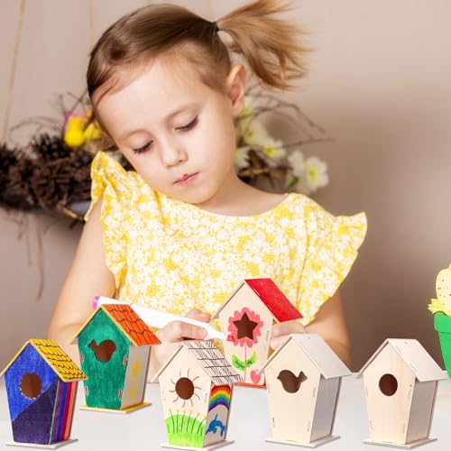 Outus 12 Pcs 5 × 7 Inch DIY Wooden Birdhouse Kit for Kids, Art Painting Bird House Craft Kit Unfinished Bird House Craft for Easter, Kids with Butterfly Sticker Gift 4 Shapes Summer Arts (Vintage) - style: Vintage