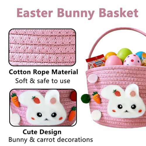 Easter Bunny Baskets for Kids, Baby Easter Empty Egg Basket with Handle, Woven Rope Cute Treasure Egg Hunt Baskets for Boys Girls Toddler, Easter Gifts, Pink ﻿ - color: Pink