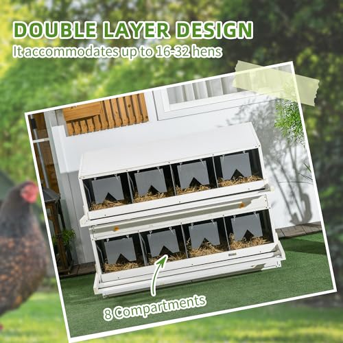 PawHut Chicken Nesting Box Wooden for 16-32 Chickens, 8 Compartments, Gray | Roll Out Lay Nesting Boxes, 2 Egg Collection Trays, 4 Perches, for Chicken Coop, Chicken Run