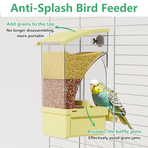Hamiledyi Automatic Bird Feeder No Mess Bird Cage Feeder Transparent Acrylic Parrot Seed Food Container with Perch Cage Accessories for Parakeet Finch Lovebirds Budgies Canary (Yellow) - color: Yellow Transparent
