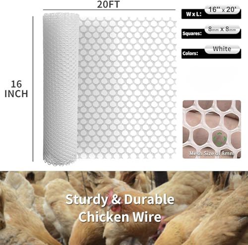 Plastic Wire Mesh Fence 16in x 20Ft Plastic Chicken Wire Mesh for Poultry, Dogs, Rabbit, Snake Barrier & Gardening Versatile Plastic Fencing (16in x 20Ft, White) - color: White, size: 16in x 20Ft