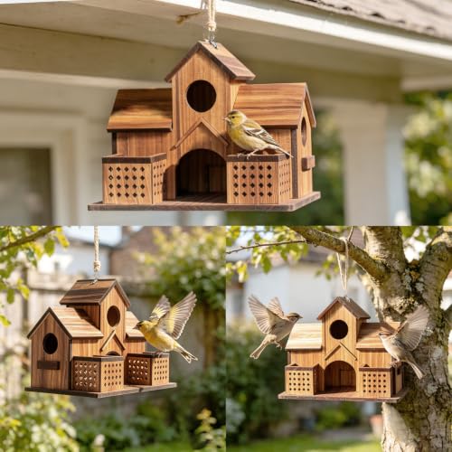 Wooden Bird Houses for Outside Outdoor 3 Hole Large Bird House with 2 Front Feeders Easy Access Cleaning Doors Martins Bluebirds Finches Cardinals Sparrows Chickadees Garden Patio& Yard