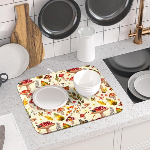 Forest Mushroom Dish Drying Mats Wild Plant Butterfly Kitchen Sink Rack Mats 16 X 18 Inch - color: Wild Plant - Multi, size: 18" x 16"