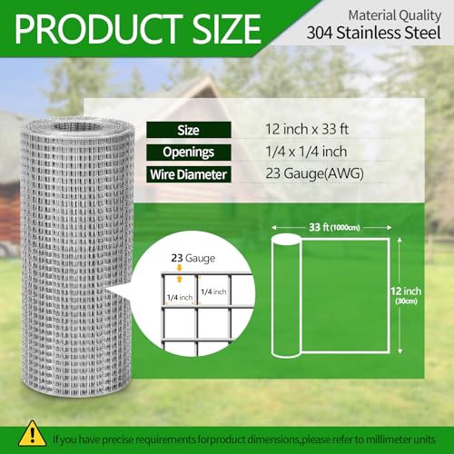 Hardware Cloth 1/4 inch 23 Gauge Small Size 304 Stainless Steel mesh Chicken Welded Wire Fencing Wire Mesh Roll Fencing Garden Fence Squirrel Tunnel Network 12in×33ft - size: (1/4in)12inx33ft