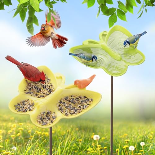 Kinsgyard 2 Pack Free Standing Tray Bird Feeders with Adjustable Pole, Wild Bird Bath for Outdoor Garden Yard Decor, Large Seed Capacity, Easy to Clean and Refill, Yellow & Green - color: Yellow & Green