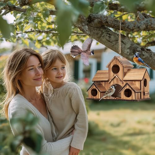 Bird Houses for Outside, 5-Hole Wooden Birdhouse for Bluebirds Finch Swallow Wren Chickadee Hummingbird, Hanging Bird House for Outdoor Clearance Garden Courtyard