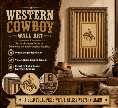 Vintage Gold Framed Western Cowboy Wall Art Rustic Rodeo Bronco Rider Painting Canvas Prints Country Equestrian Horse Stripes Picture Poster Farmhouse Artwork for Man Cave Living Room Bedroom - color: Western Cowboy, size: 24"L x 16"W