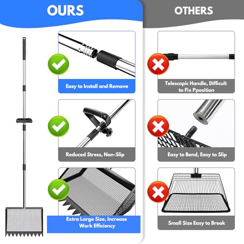 VEEMI Chicken Poop Scooper Rake 2-in-1,304 Stainless Steel Shovel Head, Chicken Litter Scoop with Handle for Chicken Coop for Sand, Pet Waste Cleaning, Litter Sifting Shovel (35 to 65") | Chicken Poop Scooper - color: Black, size: 10inch