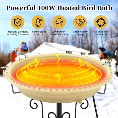 Lovppy Heated Bird Baths for Outdoors for Winter, 100W Heated Birdbath Water Heater with Thermostatically Controlled, Heated Bird Baths Bowl with Metal Stake for Outside Garden Patio Yard (Khaki) - color: Khaki