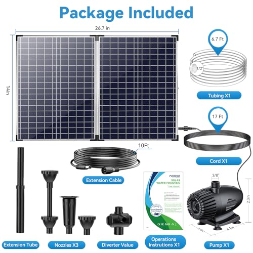 55W Solar Fountain Pump for Outdoor Pond, 480GPH Solar Pond Pump with Dry-Run Protection, Solar Powered Water Pump with PVC Tubing, 17Ft Cord for Ponds, Garden, Waterfall, Hydroponics - size: 55W