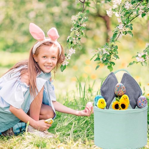 Easter Basket Seersucker Egg Hunt Bunny Baskets for Kids with Cute Rabbit Ears Stripe Storage Gifts Candies Personalized Easter Party Gifts.……… - color: Bsmint0