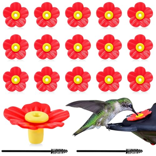 16 Sets Replacement Flowers for Hummingbird Feeder Parts with 2pcs Humming Bird Feeder Brushes for Cleaning, Hummingbird Feeder Replacement Flowers for Outdoor Hanging Bird Feeder Bee Guards Kit - color: Red