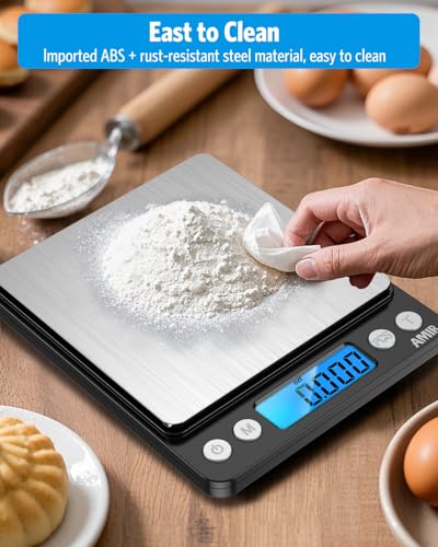 AMIR Digital Kitchen Scale, 500g/0.01g Mini Pocket Jewelry Scale, Cooking Food Scale with Backlit LCD Display, 2 Trays, 6 Units, Auto Off, Tare, PCS Function, Stainless Steel, Battery Included, Black - color: Black