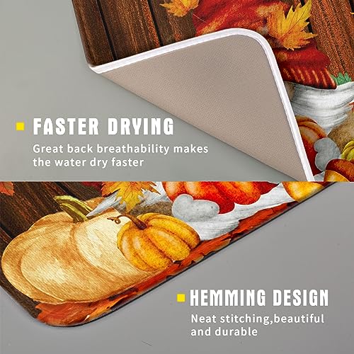 Fall Gnome Dish Drying Mat for Kitchen Counter,Autumn Pumpkin Maple Leaves Drying Mat 16 x 18 Inch Microfiber Dark Brown Wood Dish Drying Pad Dish Rack Drainer Mat Thanksgiving Day Decor - color: Gnome and Pumpkin230807, size: 16" x 18"