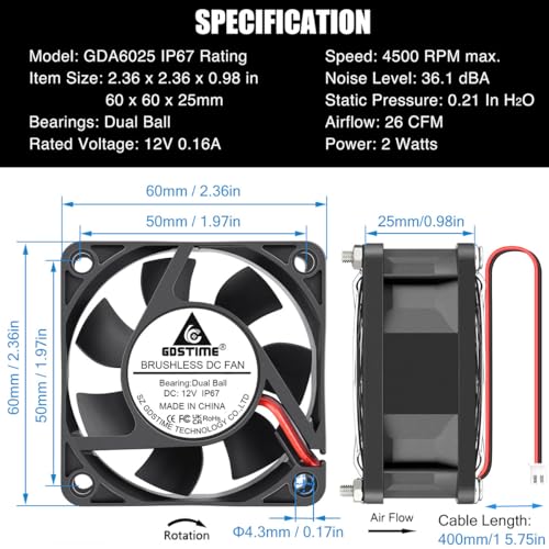 GDSTIME 60mm x 25mm 12V IP67 Waterproof Cooling Fan 2Pin Dual Ball Bearing | 60x60x25mm, 4500RPM High Speed, Brushless DC, 50000hr Lifespan, IP67 Rated, For Solar Battery Box, Incubator Replacement - size: 60x25mm