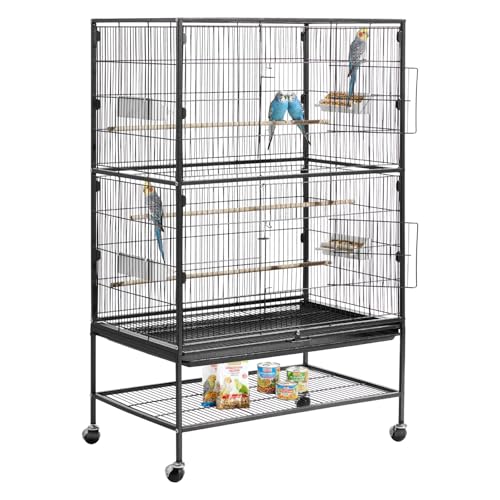 VEVOR Bird Cage, 31.5 x 20.5 x 52 inch, Flat Top, Wrought Iron Bird Flight Cage with Perches, Slide-Out Tray and Plastic Feeders, Casters, for Parrot, Blue Tit, Cockatiel, Canary, and Monk Parakeet - size: 31.5"L x 20.5"W x 52.0"H