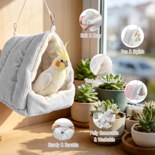 Bird Nest, Winter Warm Bird House and Bird Bed for Cage with Soft Plush Hanging Hammock & Hut Tent, Hideaway Sleeping Nest for Budgies, Parakeets, Cockatiels (Grey) - color: Grey